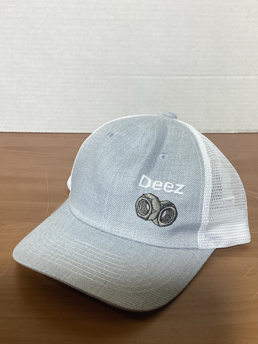 Light Gray and White Embroidered Trucker Cap